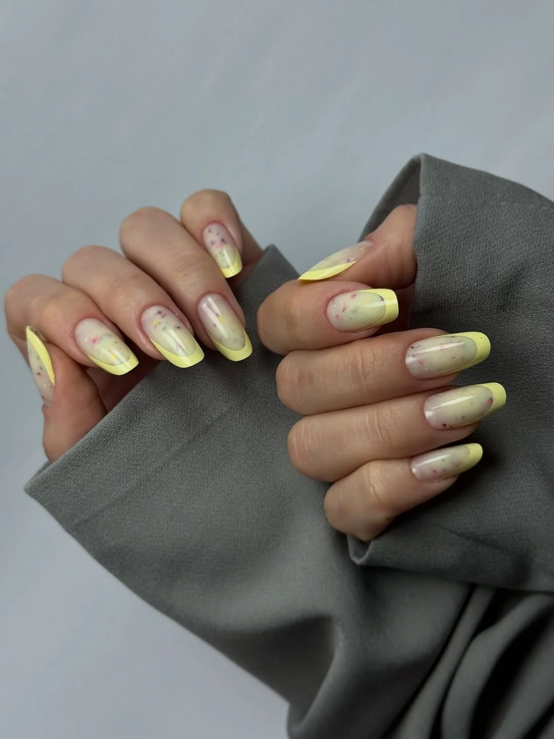 summer nails ballerina shape 2026 Soft Yellow Ballerina Nails With Sheer Floral Flecks