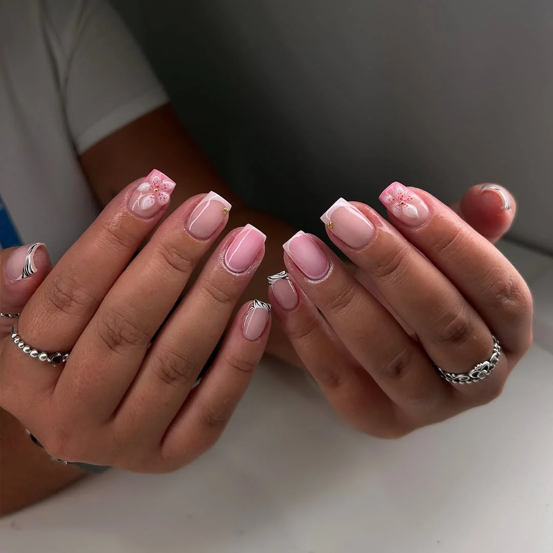 summer nails square 2026 Soft Pink Square Tips With Tiny Bloom Details