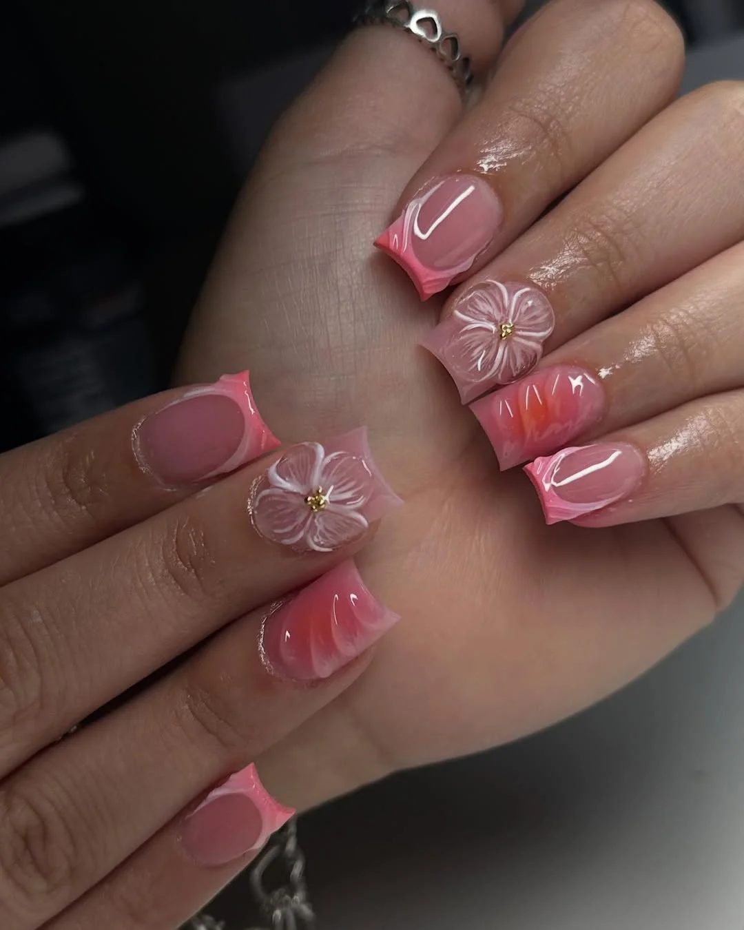 summer nails square 2026 Soft Pink Square Florals With Glossy 3D Petals