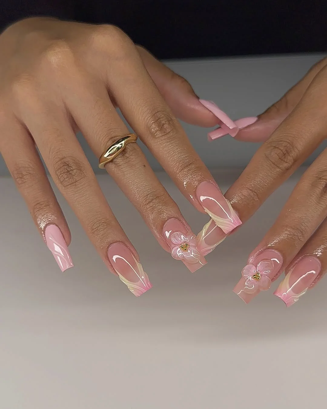 summer nails square 2026 Long Blush Square Nails With Cream Petal Lines