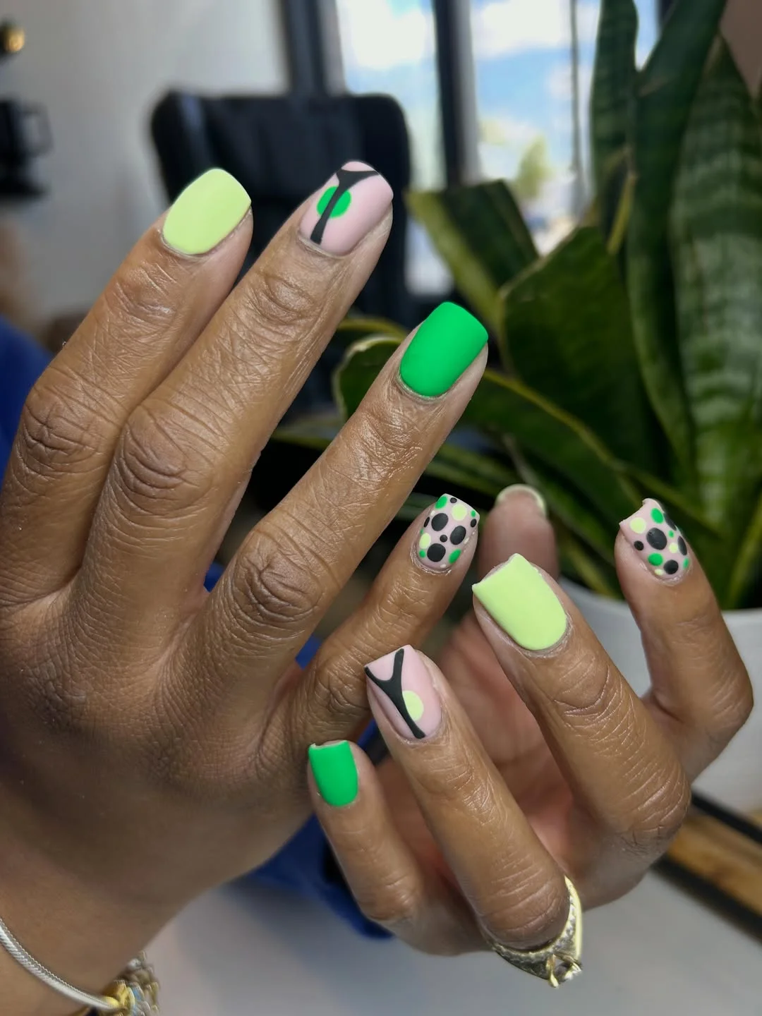 summer nails square 2026 Lime Green Square Nails With Graphic Black Dots