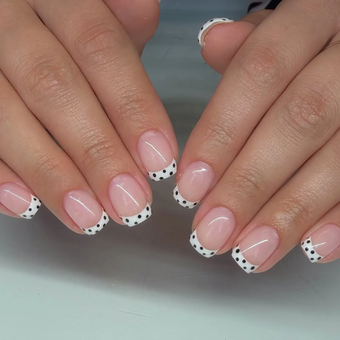 summer nails square 2026 White Square French Tips With Black Dot Accents