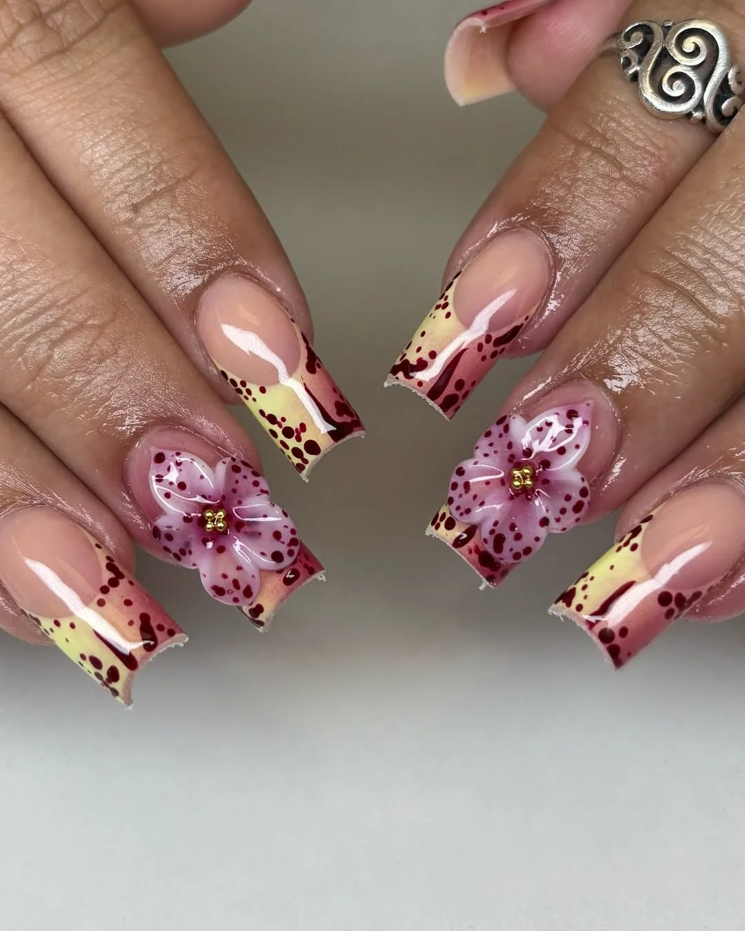 summer nails square 2026 Burgundy-Dotted Square Florals With Creamy Yellow Tips