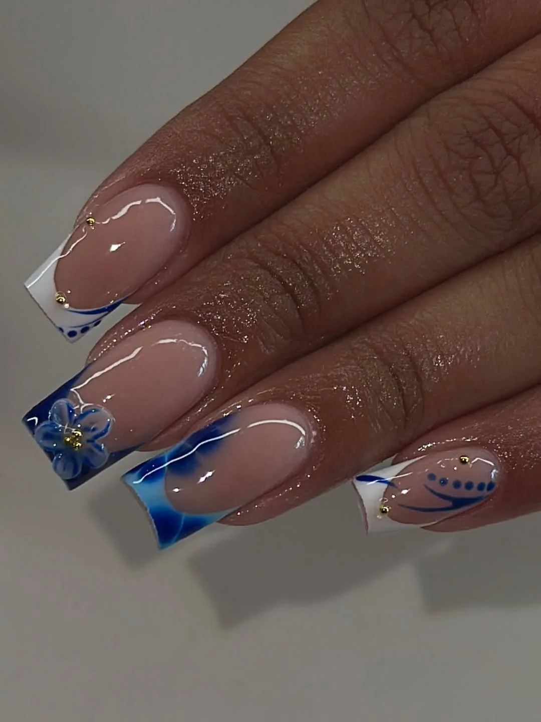 summer nails square 2026 Blue Wave Square Tips With Tiny Gold Details
