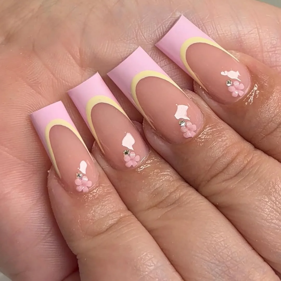 summer nails square 2026 Pink and Yellow French Tips With Mini Flower Charms