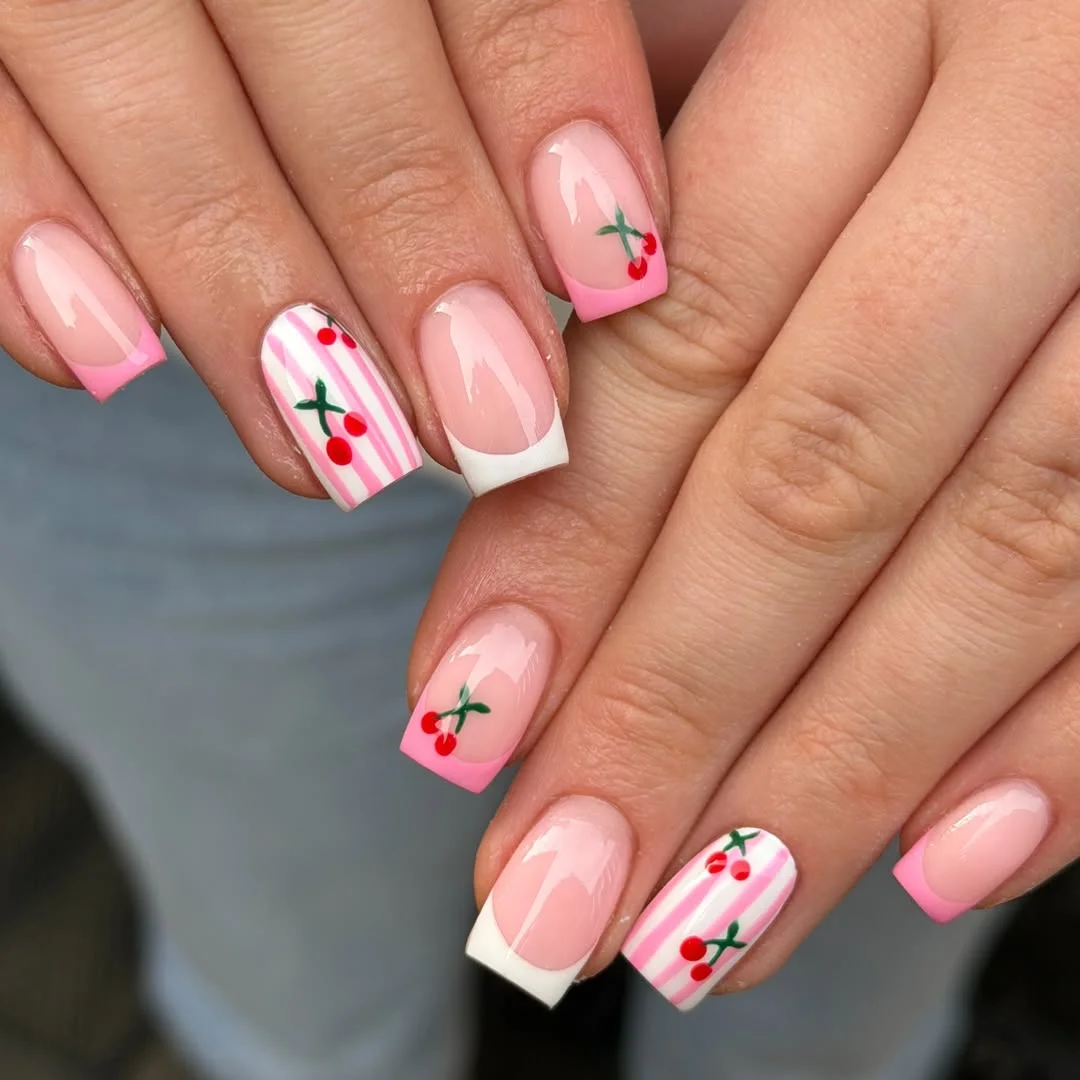 summer nails square 2026 Cherry Pink Square Tips With Striped Accent Nails
