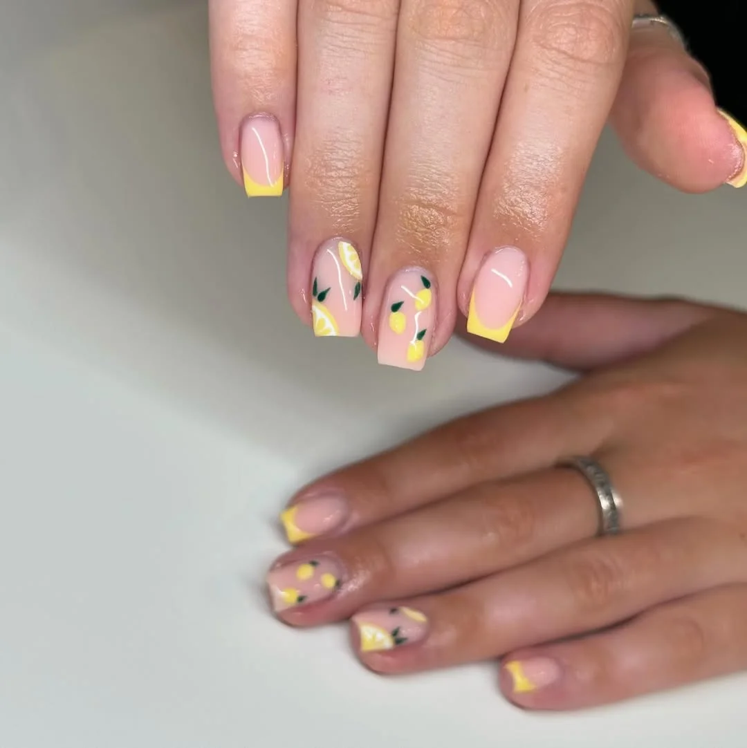 summer nails square 2026 Lemon Yellow Square Tips With Fresh Citrus Art