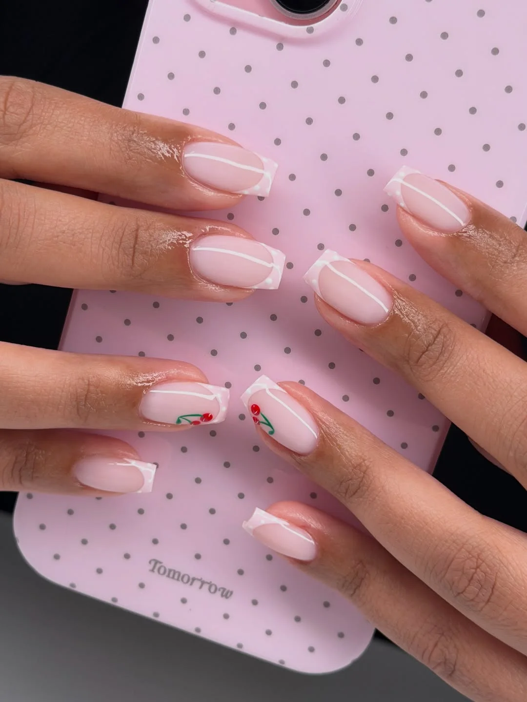 summer nails square 2026 Minimal White Square French Tips With Tiny Cherry Details