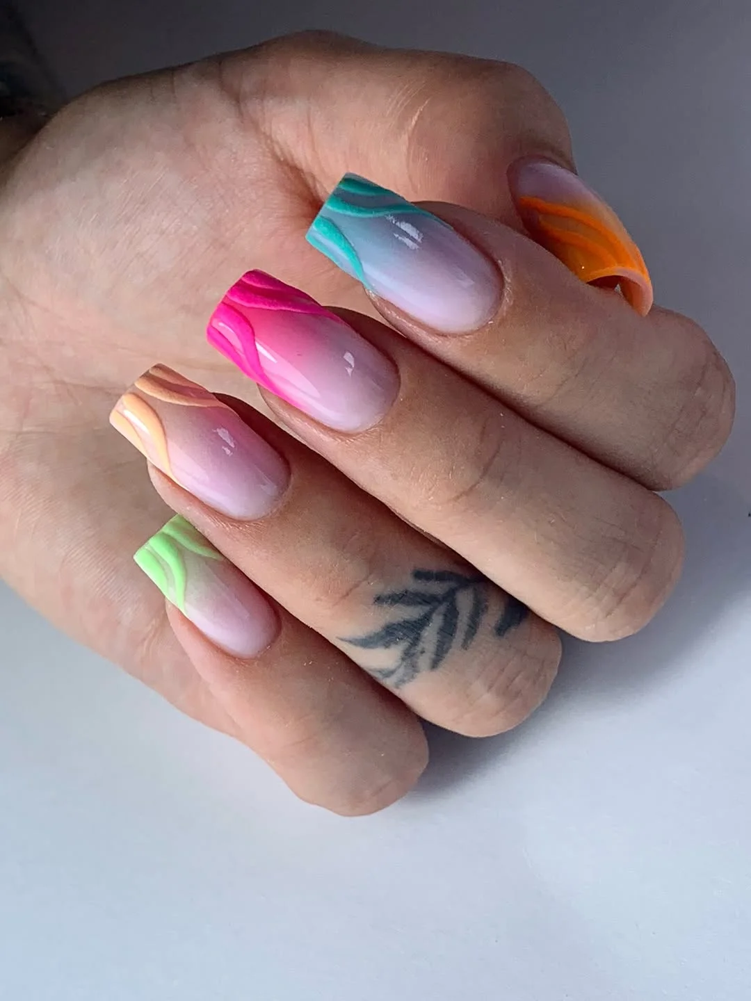 summer nails square 2026 Rainbow Wave Square Tips With Glossy Summer Color