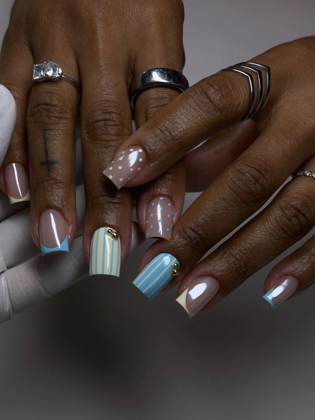 summer nails square 2026 Mixed Square French Tips With Dots and Stripes