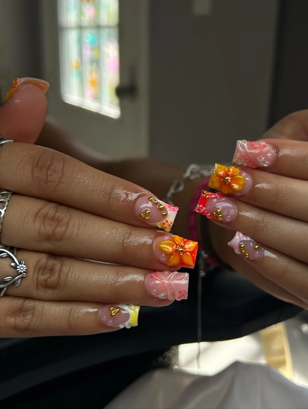 summer nails square 2026 Glossy Tropical Square Nails With Golden Flower Details