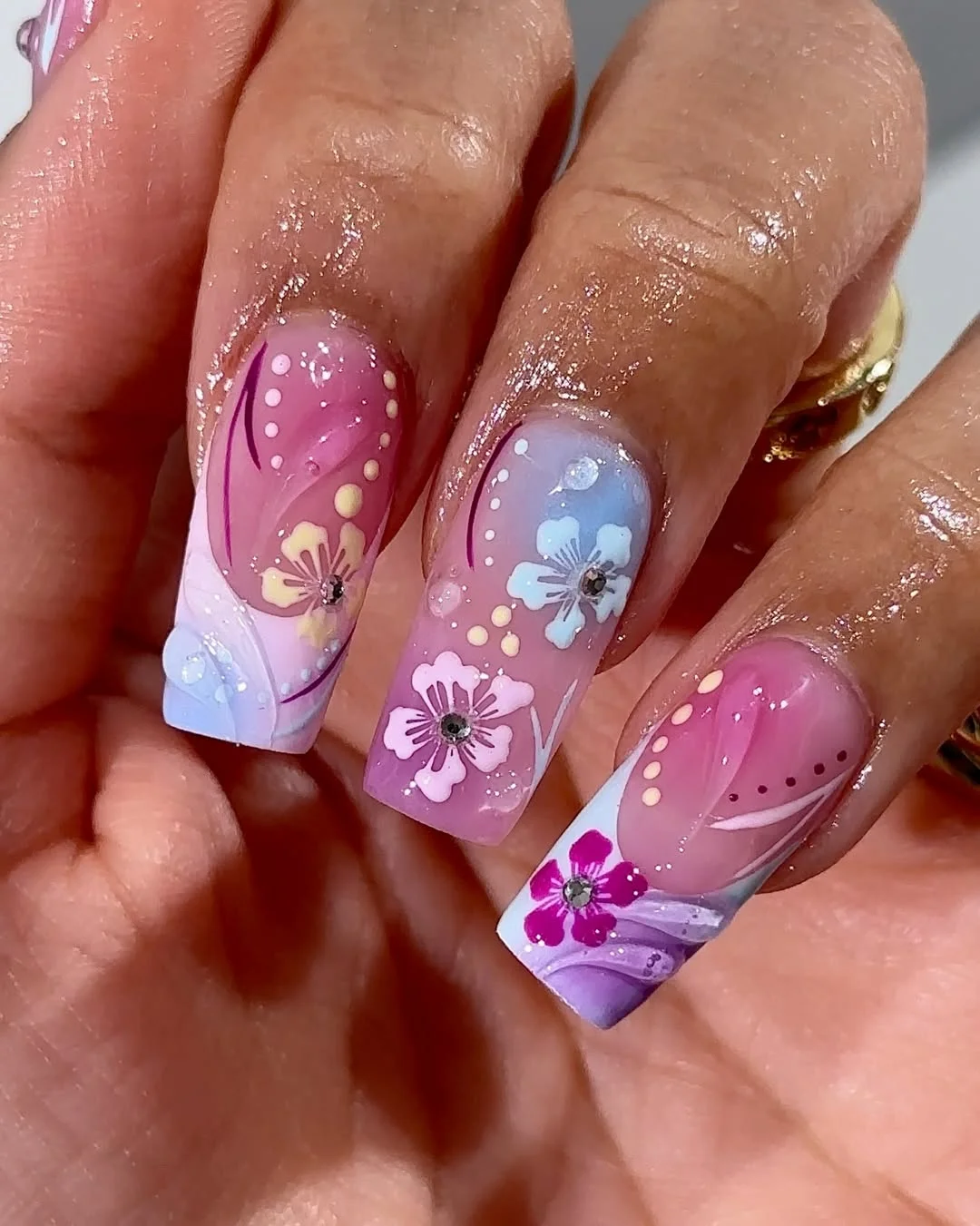 summer nails square 2026 Pastel Garden Square Nails With Soft Blue and Pink Layers