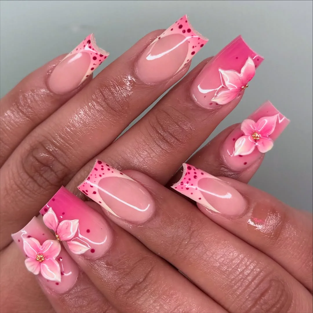 summer nails square 2026 Hot Pink Square Tips With Raised Petal Accents