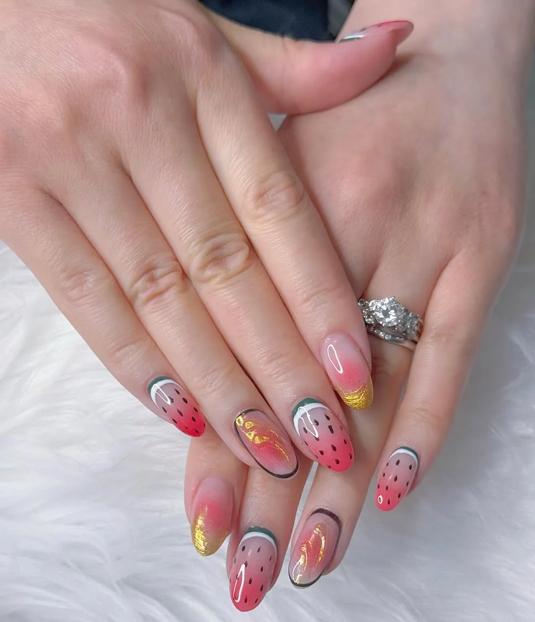 summer nails watermelon 2026 Glossy Watermelon Ombre With Golden Summer Tips