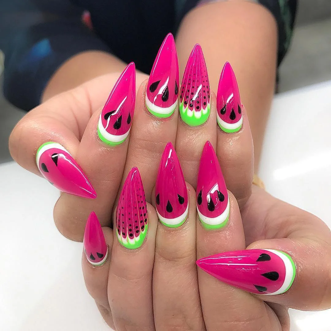 summer nails watermelon 2026 Hot Pink Stiletto Watermelon Nails With Sharp French Rinds