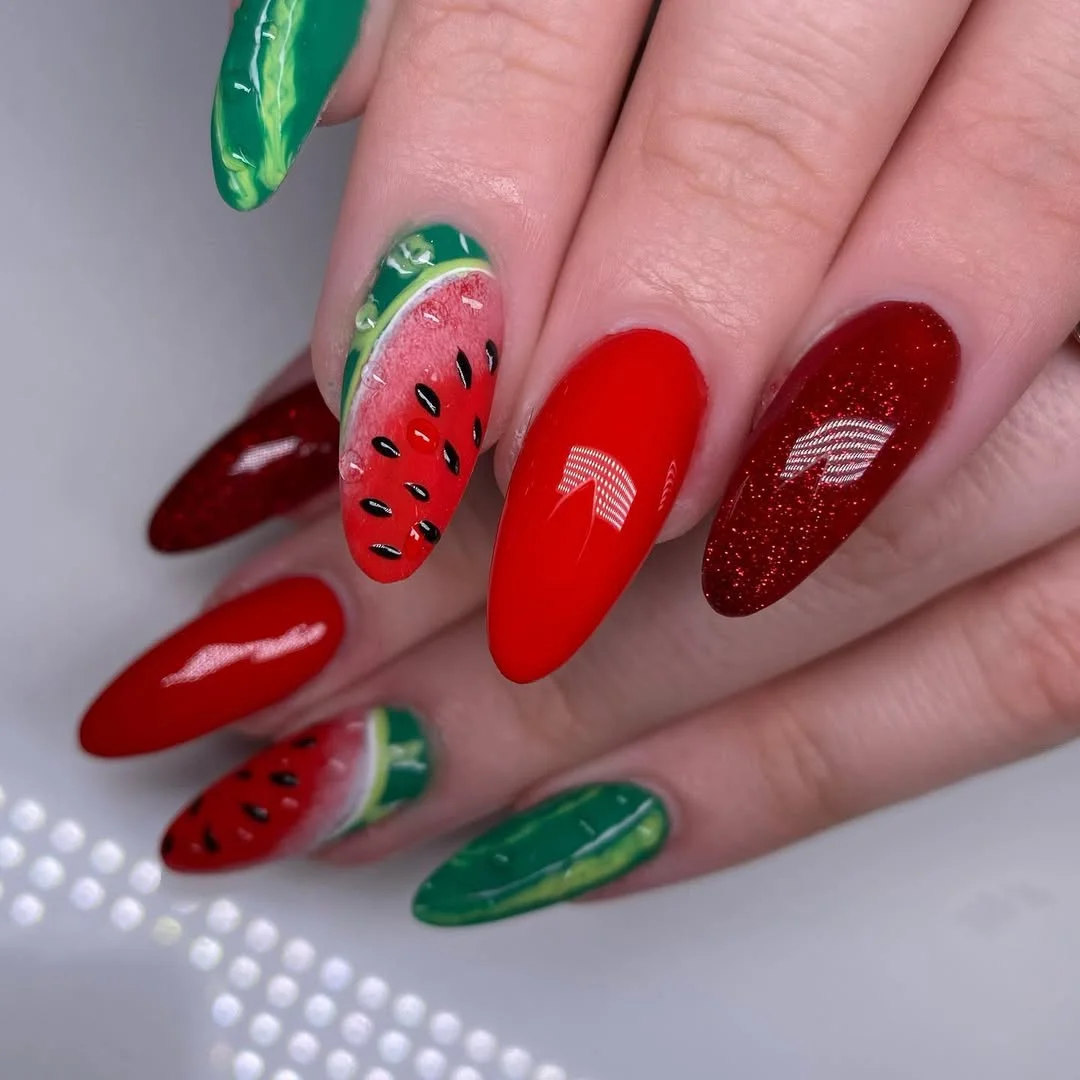 summer nails watermelon 2026 Glossy Watermelon Accent Nails With Juicy Red And Green Contrast