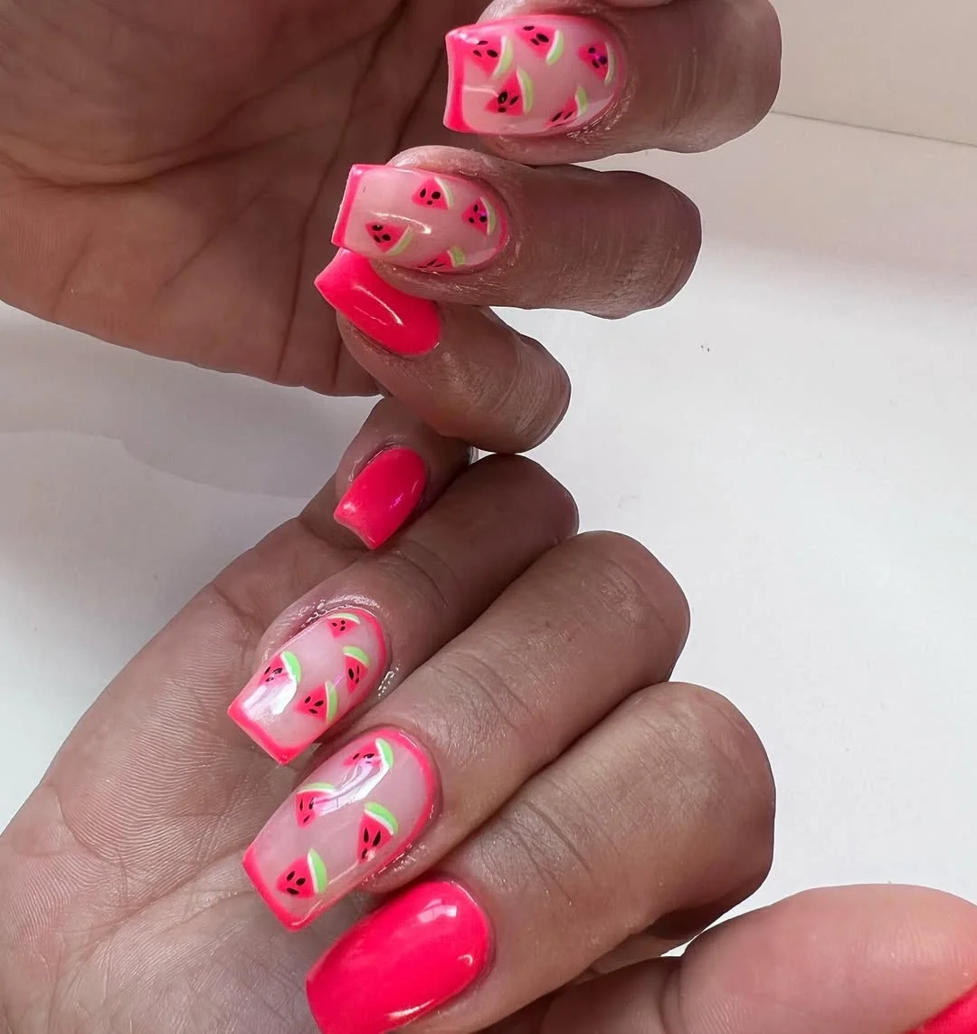 summer nails watermelon 2026 Mini Watermelon Slice Square Nails With Neon Pink Tips