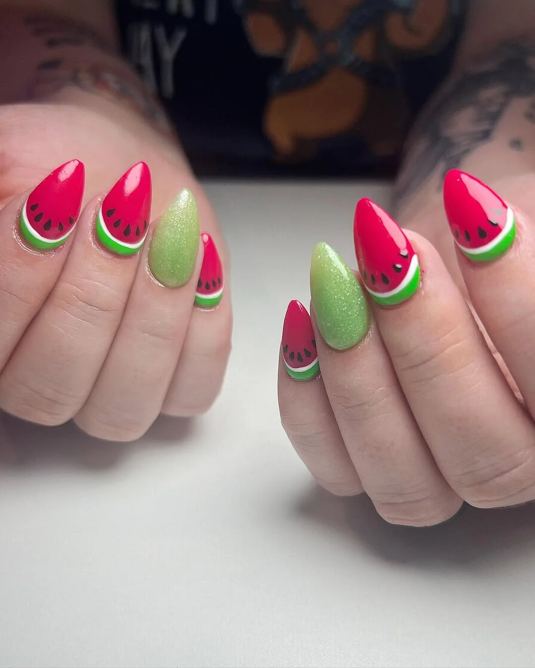 summer nails watermelon 2026 Shimmering Green Accent Nails With Watermelon French Tips