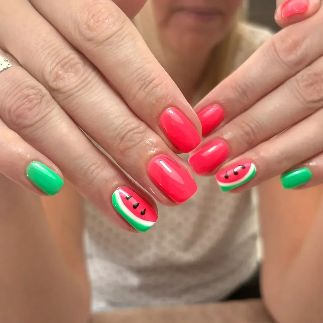 summer nails watermelon 2026 Bright Coral And Green Watermelon Nails For A Playful Short Set