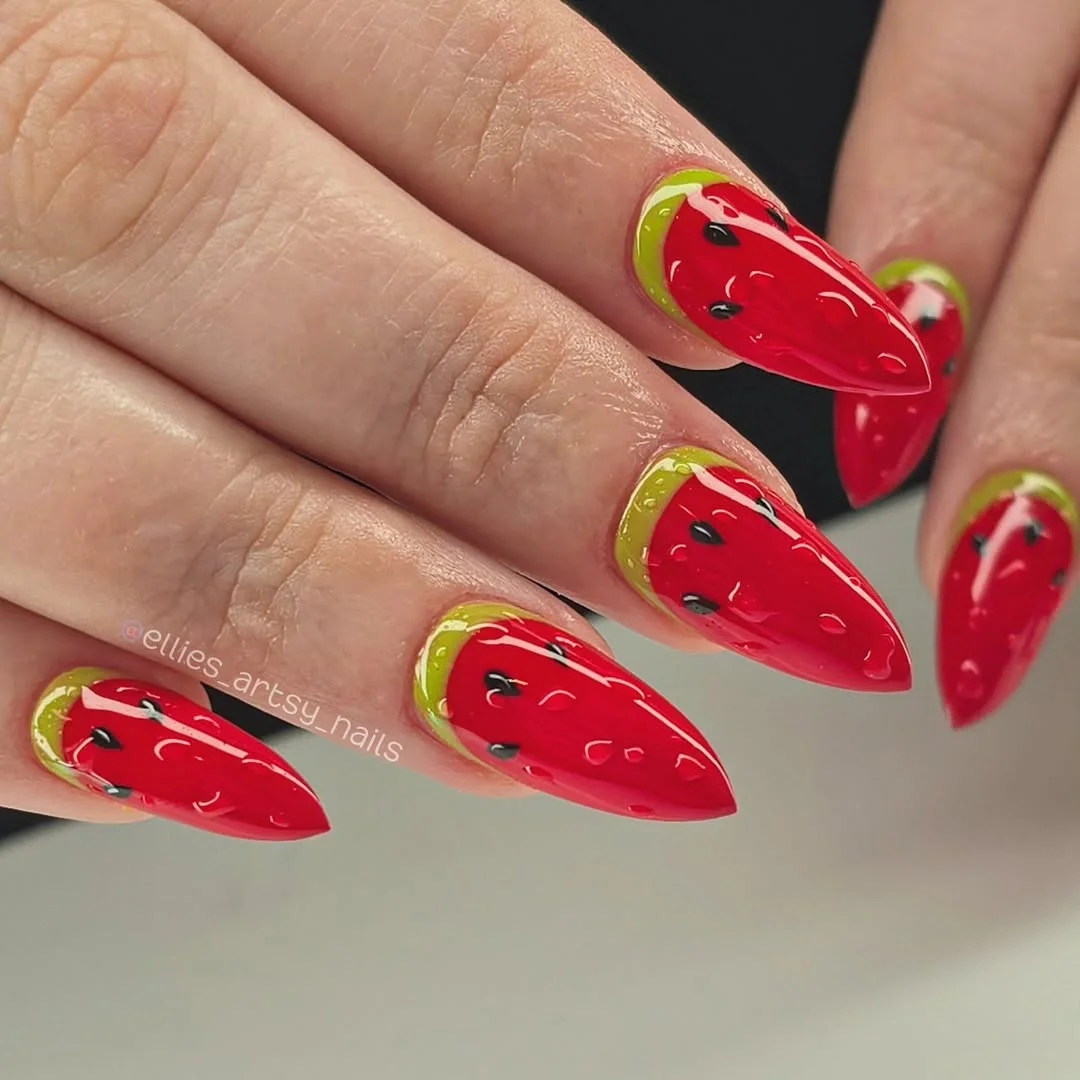 summer nails watermelon 2026 Glossy Red Stiletto Watermelon Nails With Juicy 3D Finish