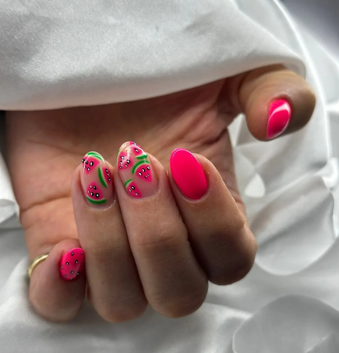 summer nails watermelon 2026 Mini Watermelon Slice Nails On A Sheer Nude Base