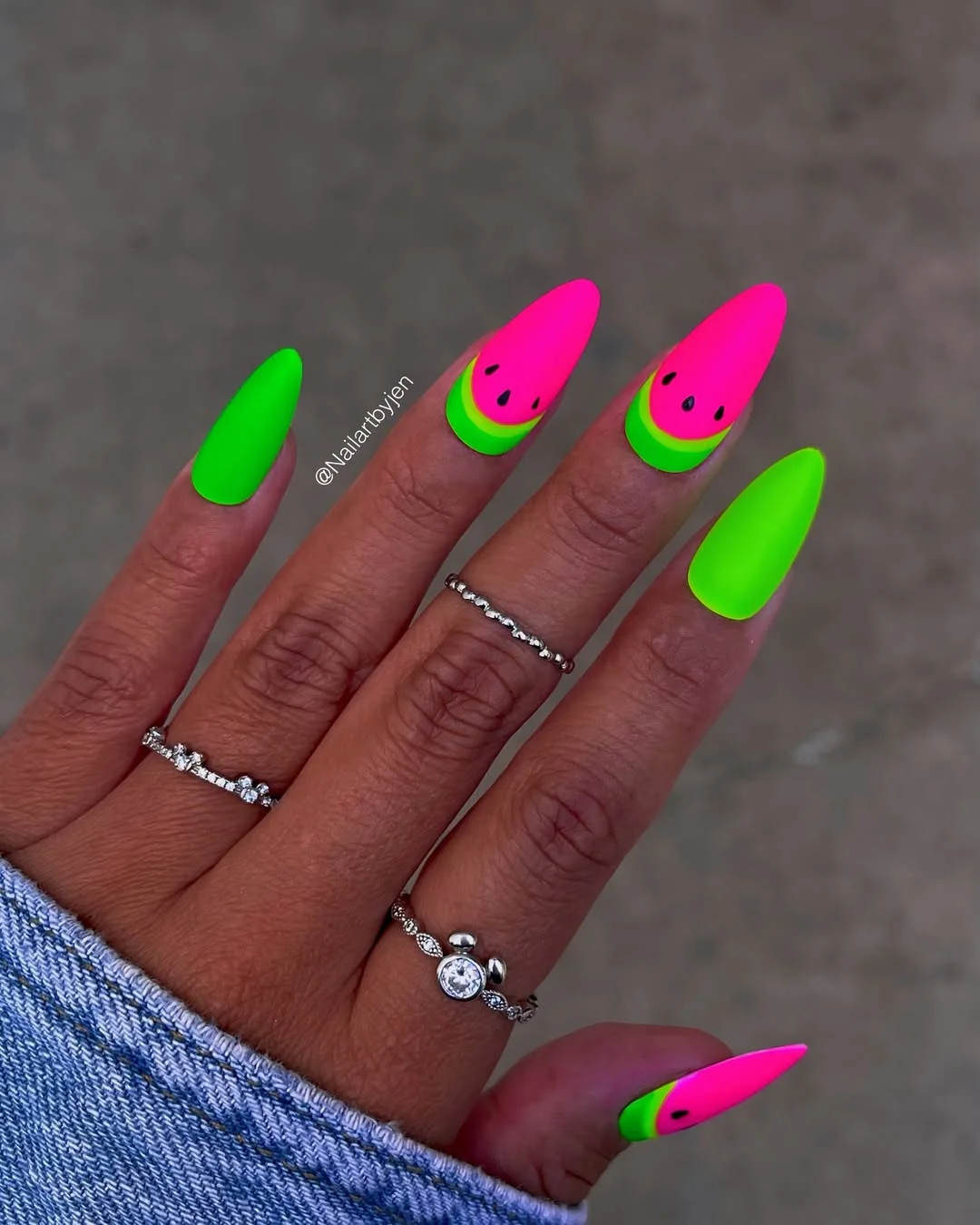 summer nails watermelon 2026 Neon Watermelon Almond Nails With Electric Green Rinds