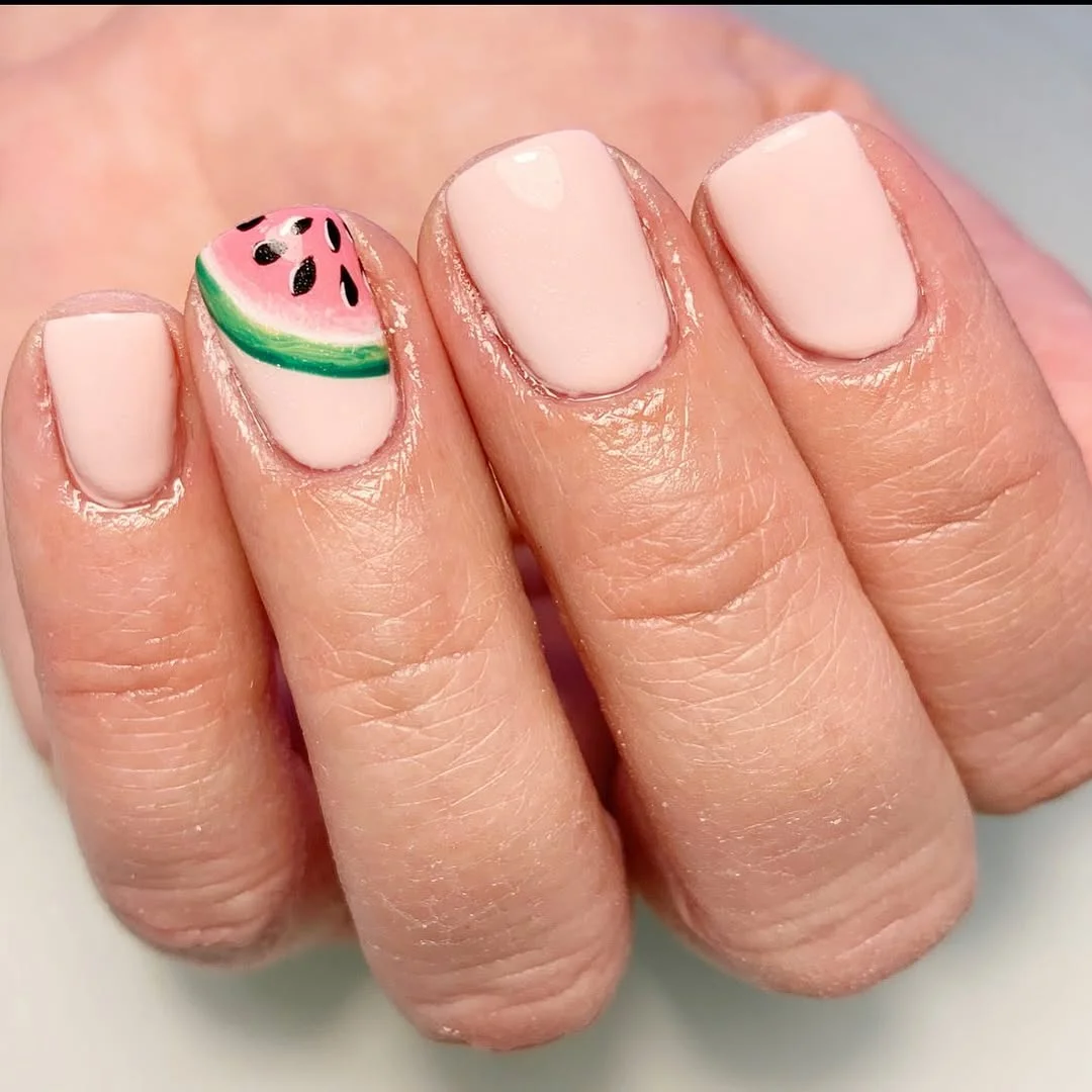 summer nails watermelon 2026 Minimal Blush Short Nails With One Watermelon Accent