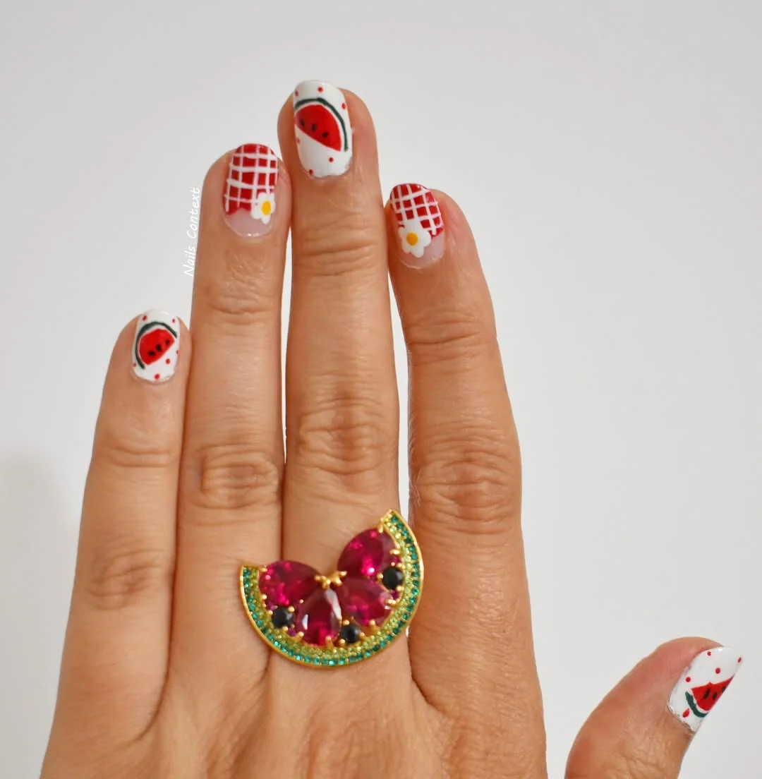 summer nails watermelon 2026 Short Watermelon Picnic Nails With Daisies