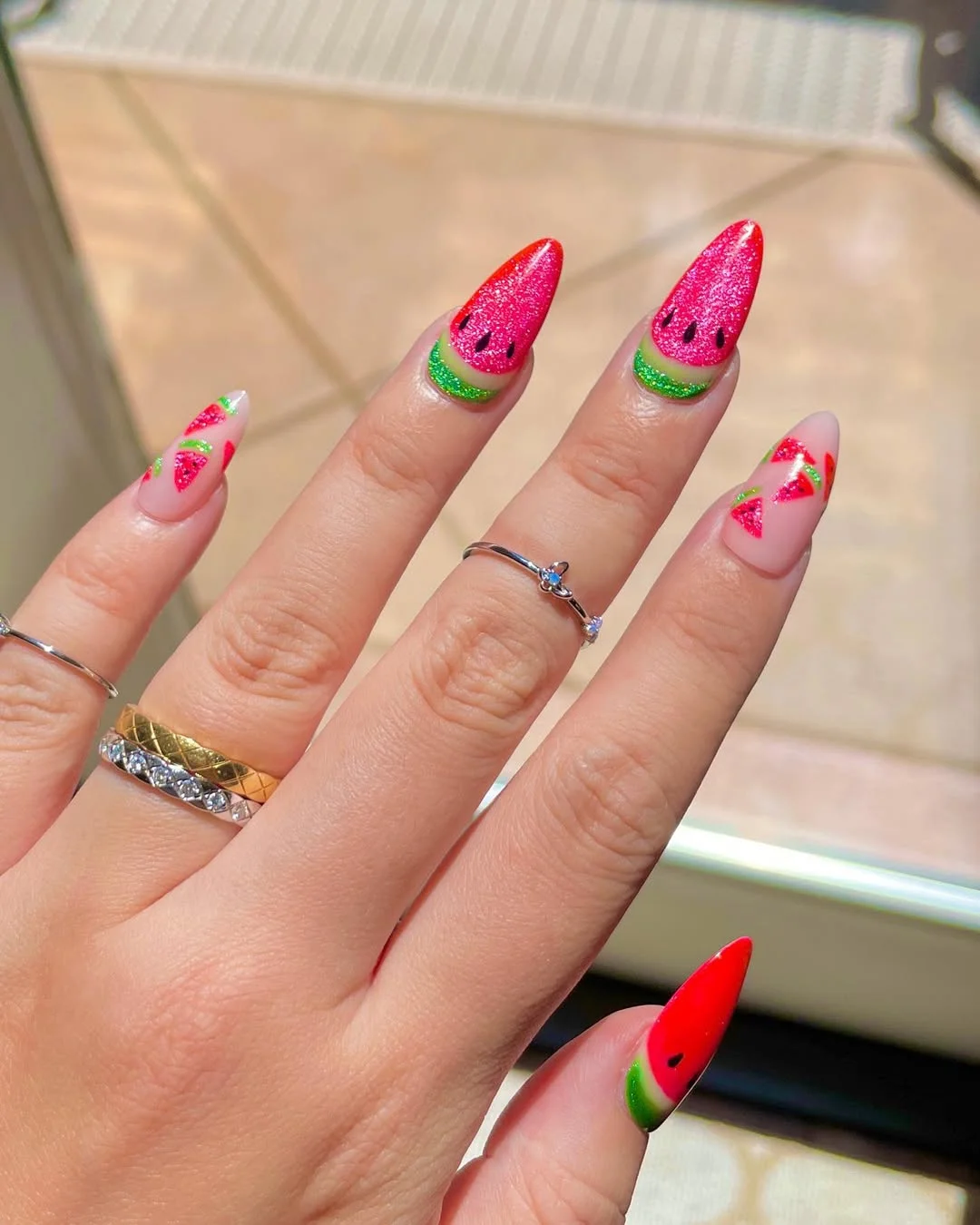 summer nails watermelon 2026 Sparkling Watermelon Almond Nails With Juicy Pink Tips