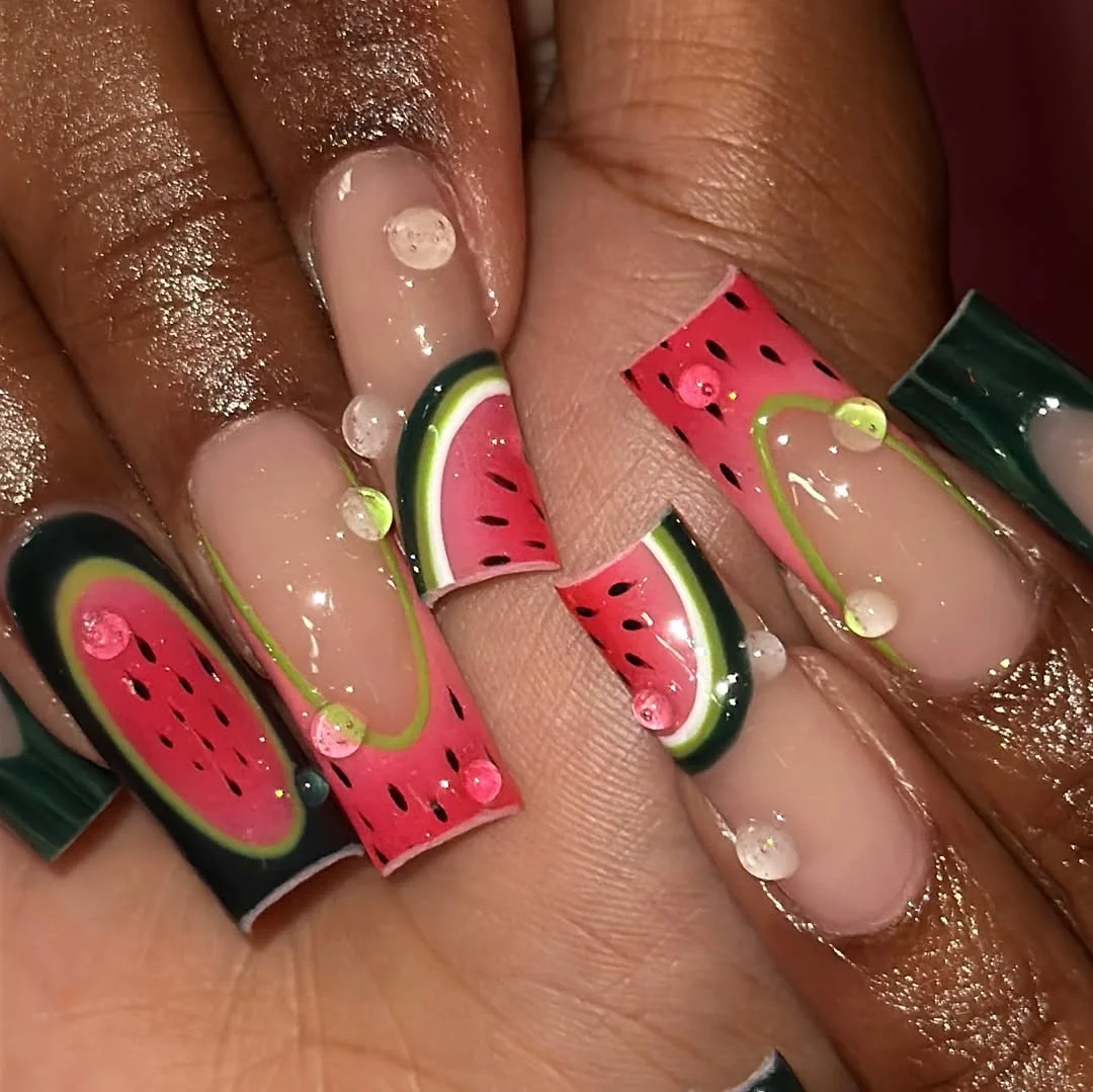 summer nails watermelon 2026 Luxury Watermelon French With 3D Dew Drops