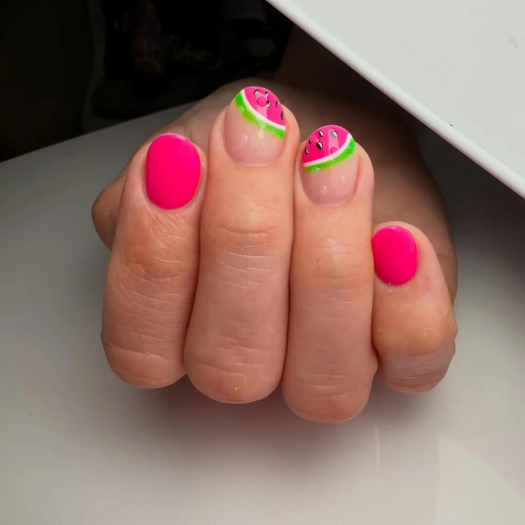summer nails watermelon 2026 Short Hot Pink Watermelon French Tips