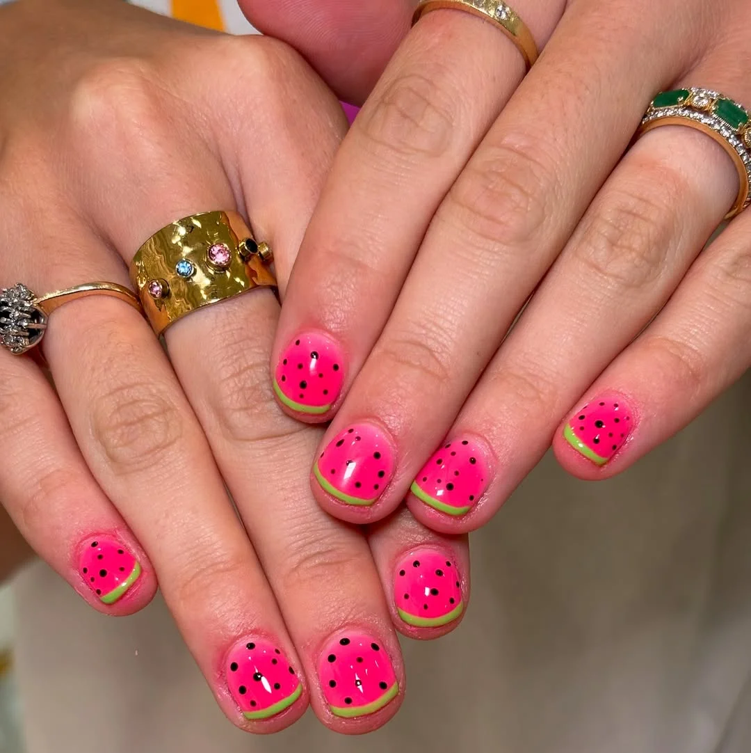 summer nails watermelon 2026 Tiny Watermelon Short Nails With Glossy Green Rinds