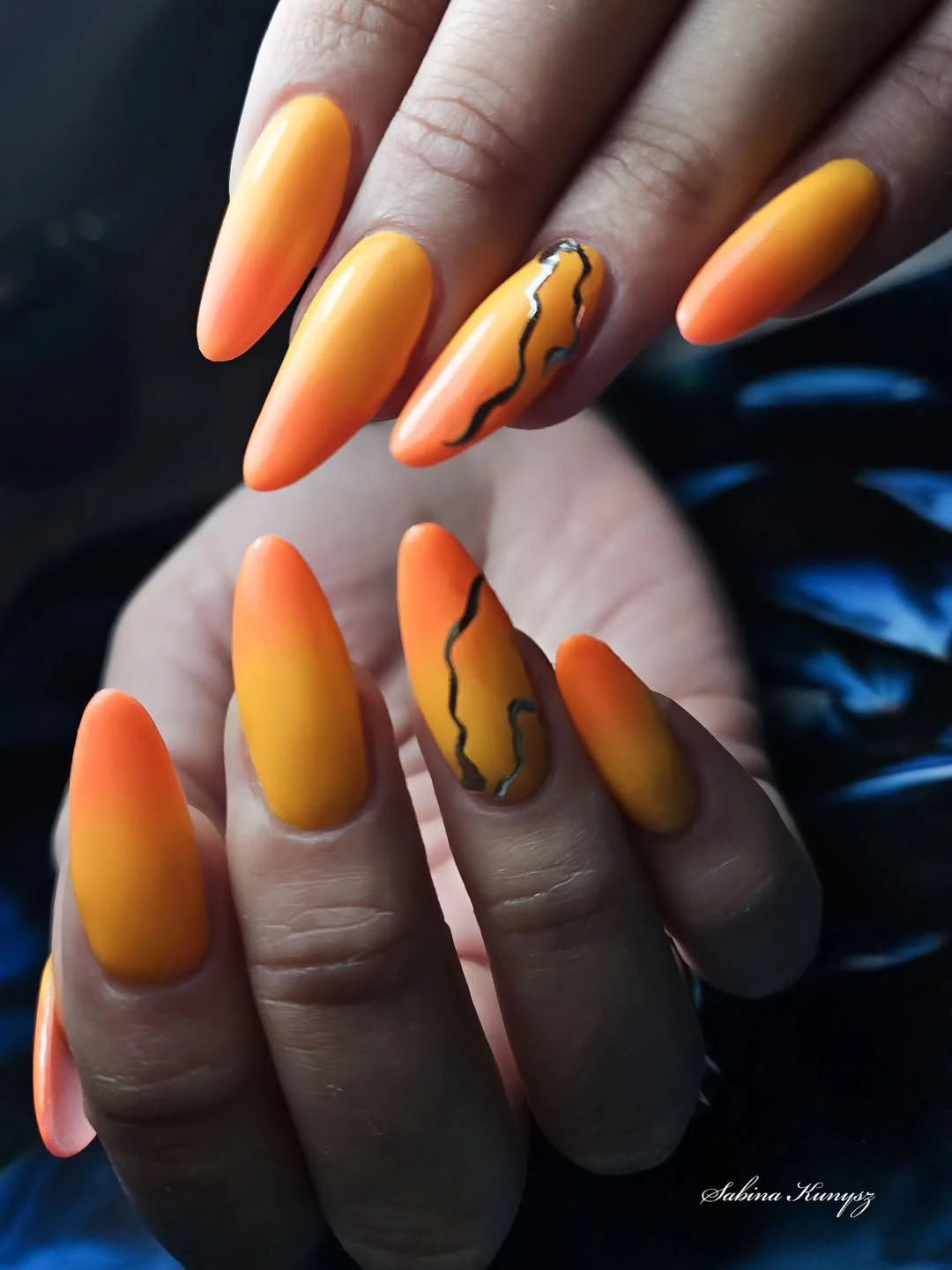 summer ombre nails 2026 Matte Mango Ombre Nails With Wavy Accent Design