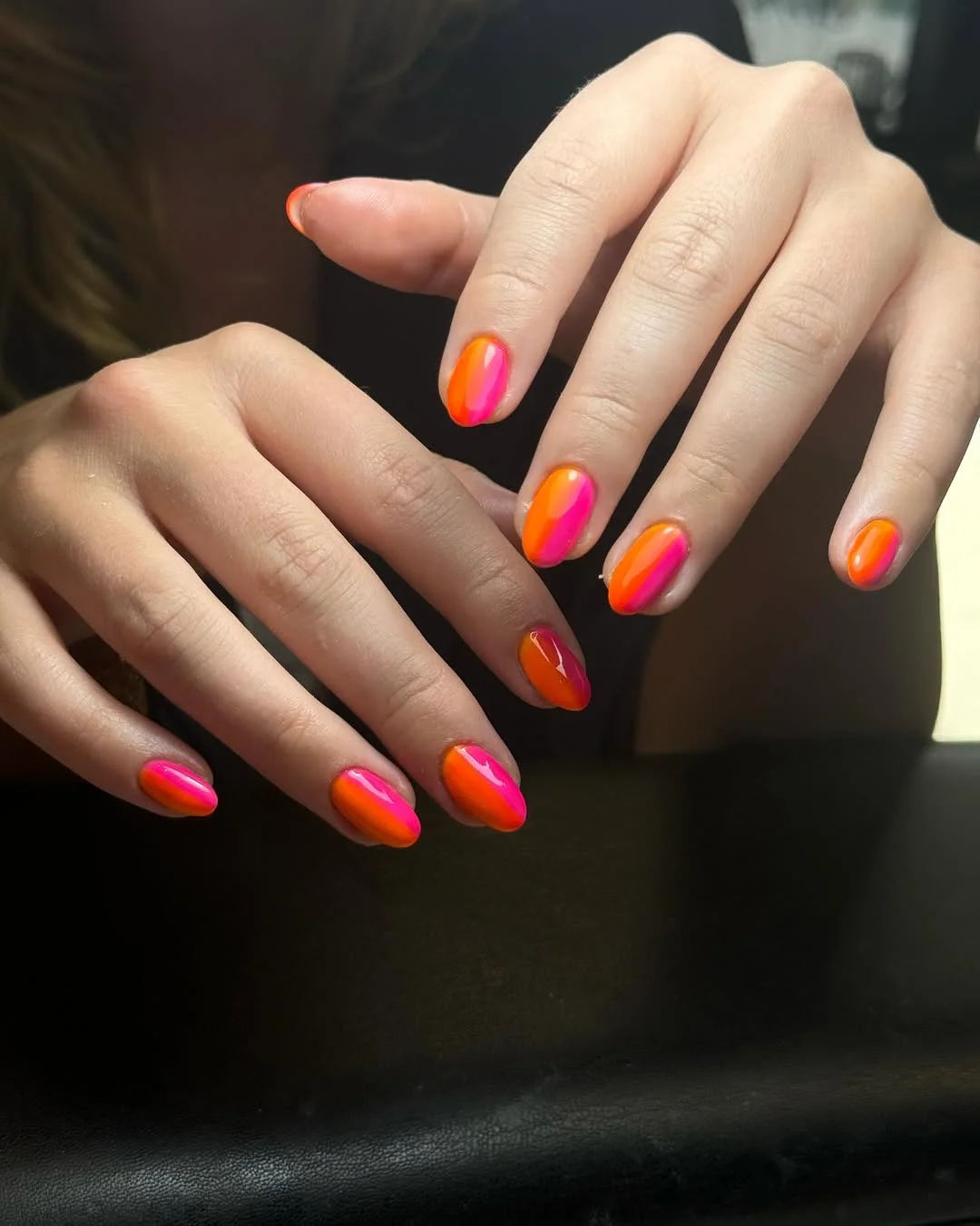 summer ombre nails 2026 Hot Pink and Orange Short Almond Ombre Nails