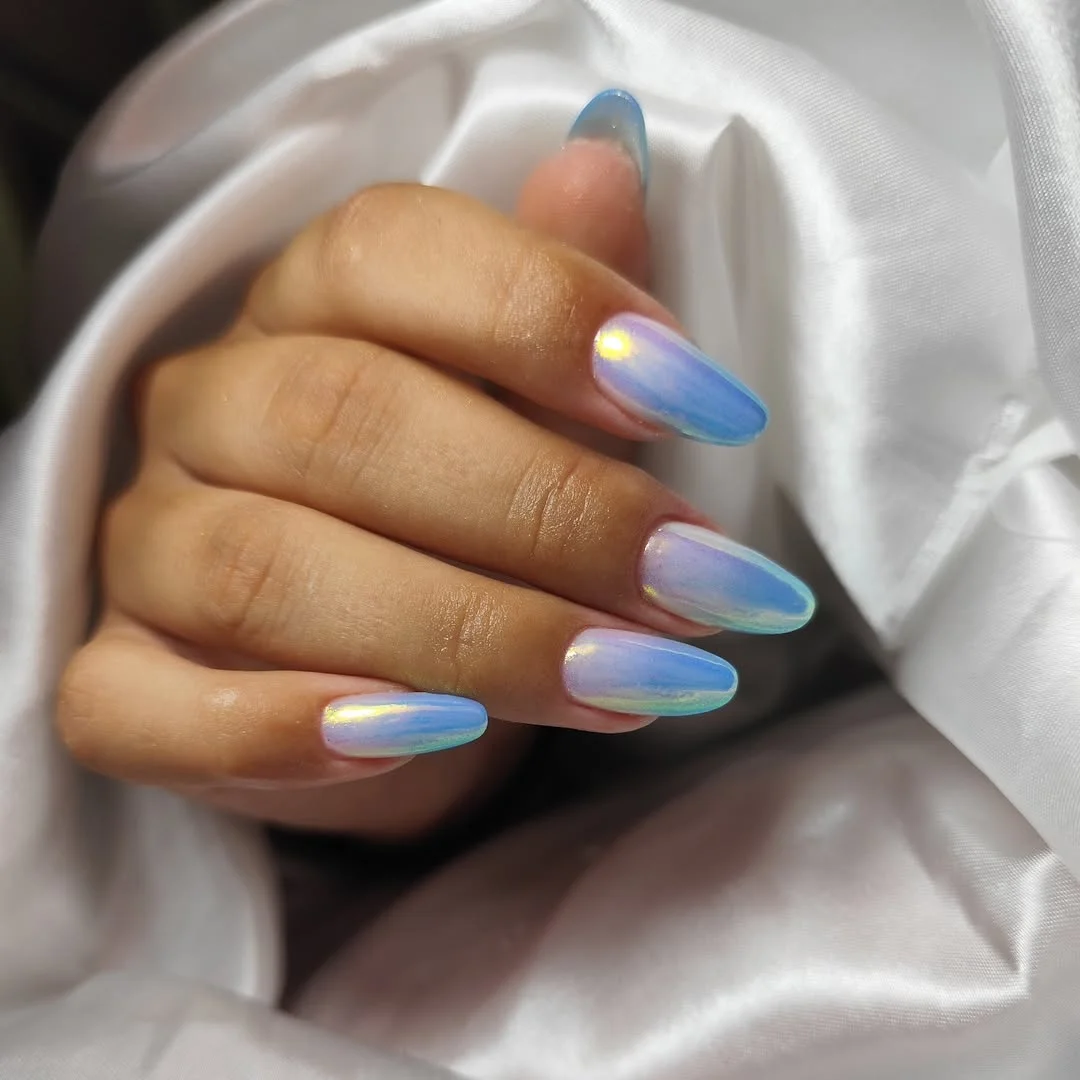 summer ombre nails 2026 Iridescent Blue Pearl Ombre Almond Nails