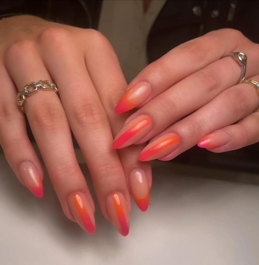 summer ombre nails 2026 Neon Coral French Ombre Almond Nails
