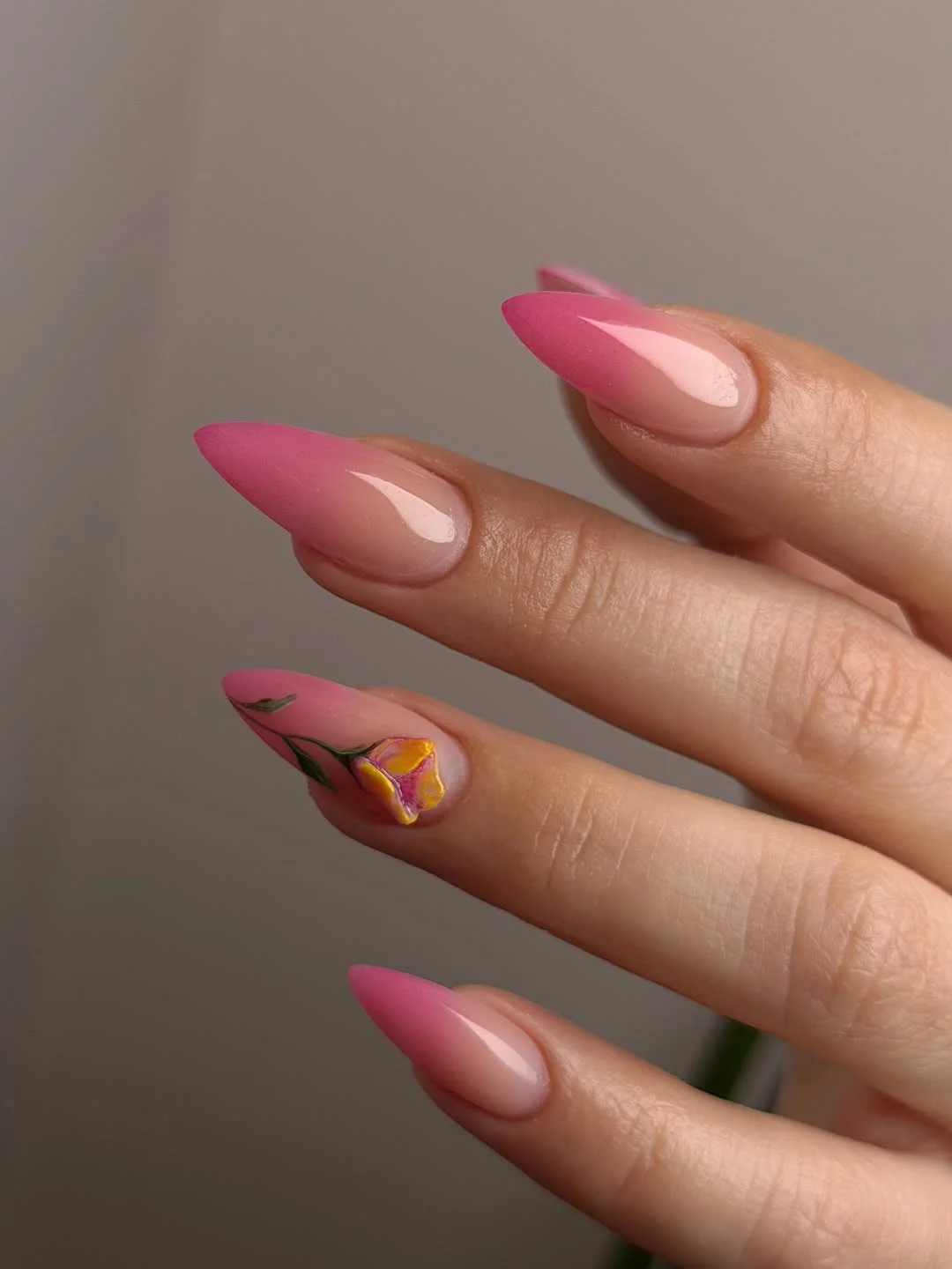 summer ombre nails 2026 Pink Ombre Stiletto Nails With Floral Accent