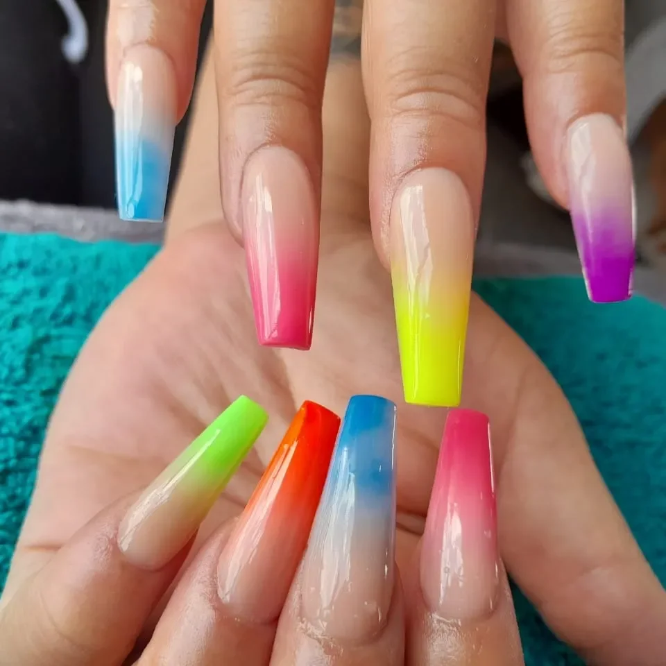 summer ombre nails 2026 Rainbow Neon Square Ombre Nails