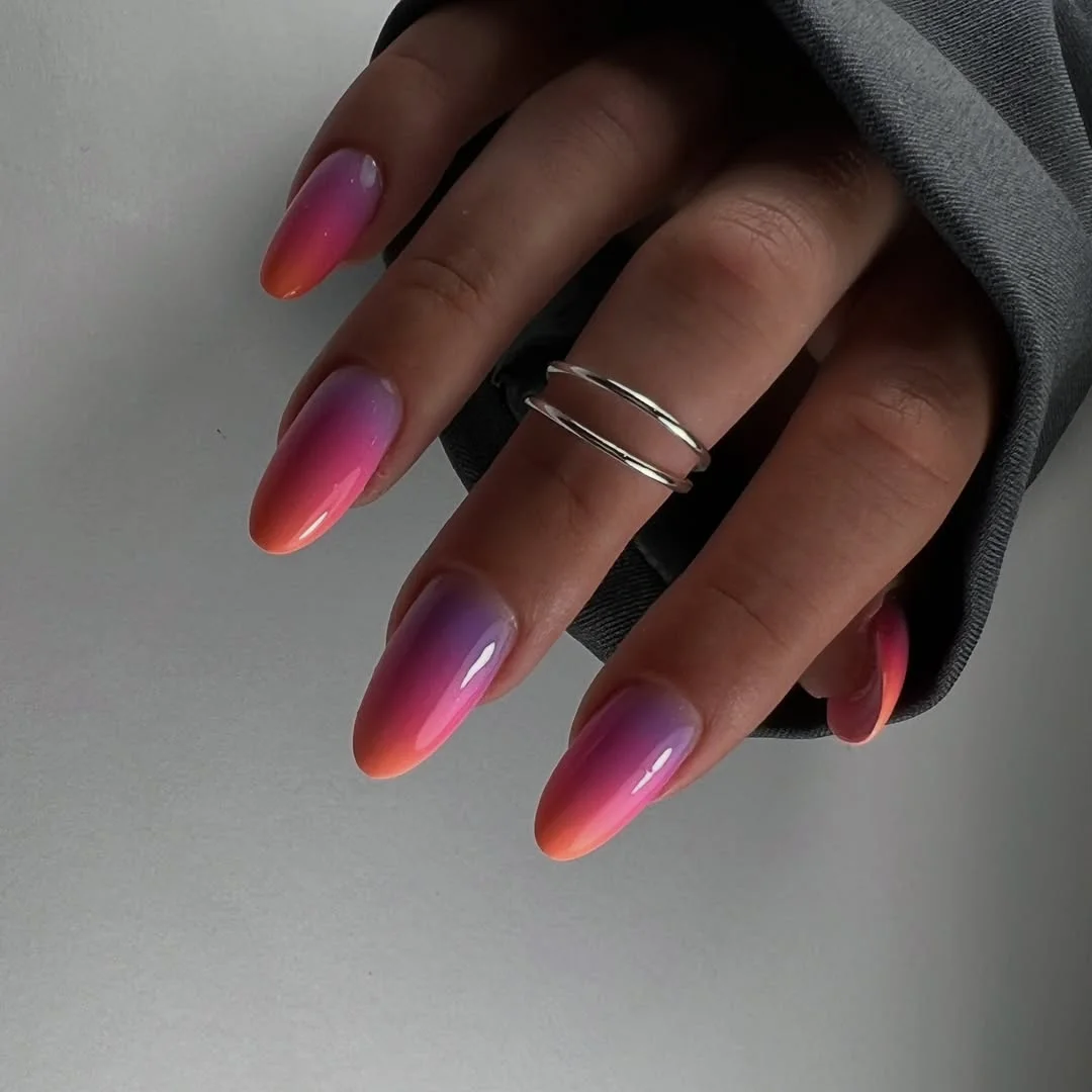 summer ombre nails 2026 Moody Pink Purple Sunset Ombre Nails