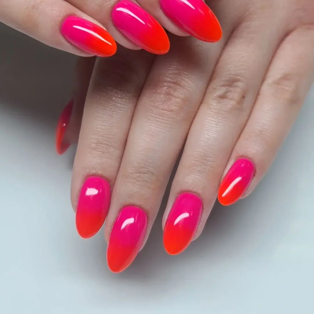 summer ombre nails 2026 Hot Pink Orange Glossy Ombre Nails