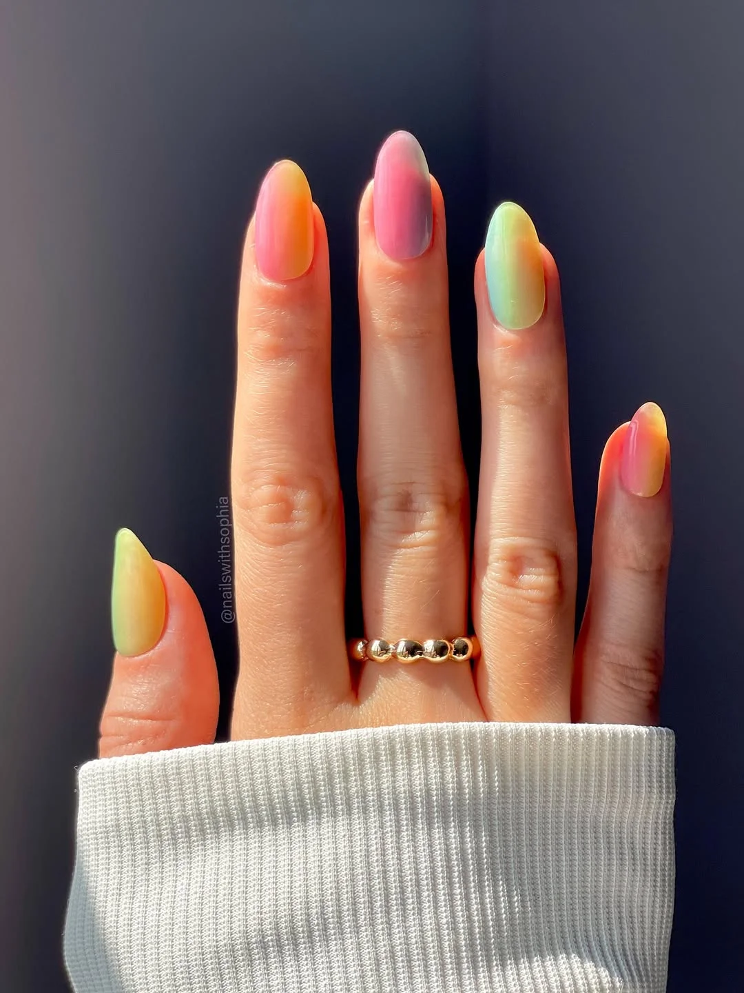 summer ombre nails 2026 Bright Sunset Ombre Almond Nails