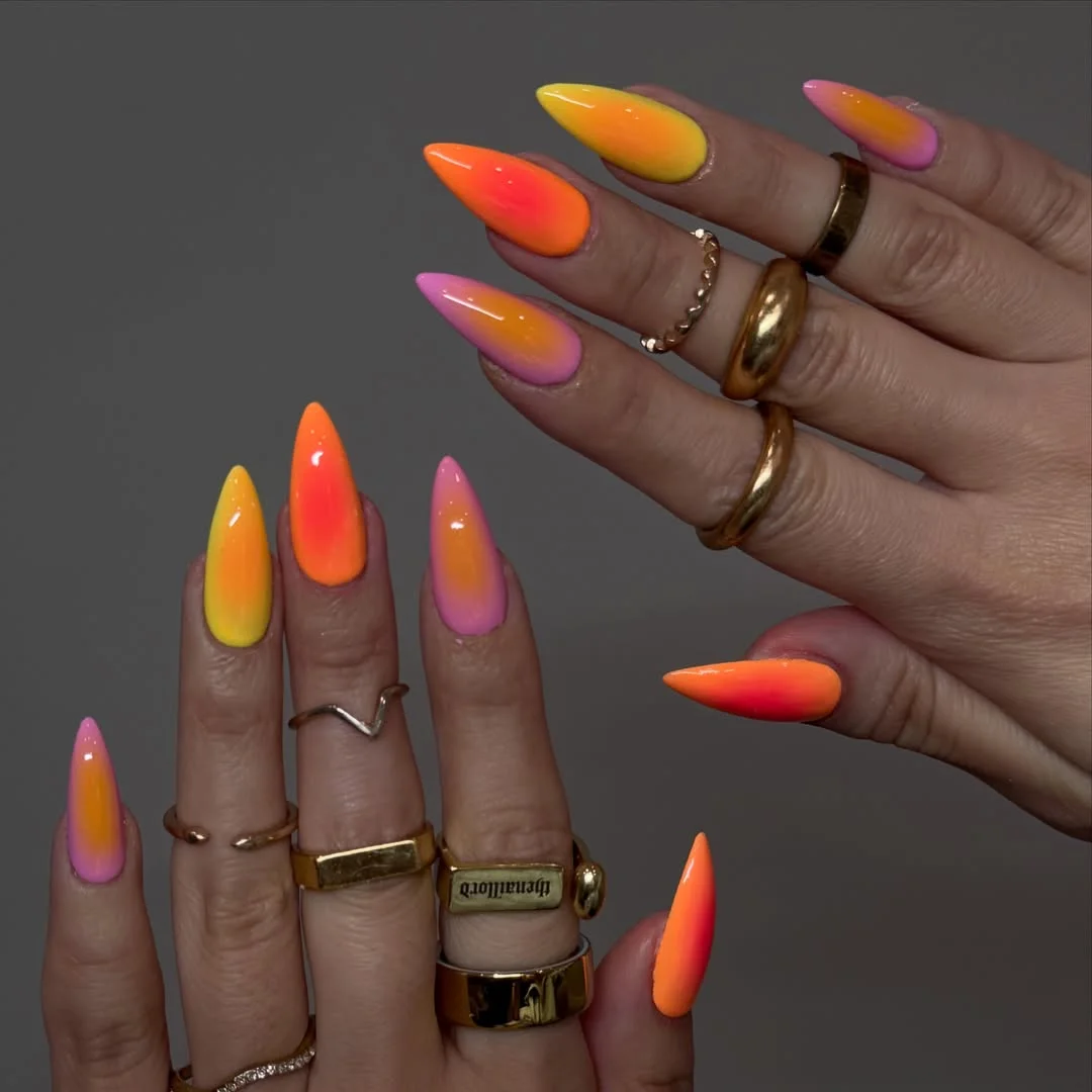 summer ombre nails 2026 Neon Citrus Stiletto Ombre Nails