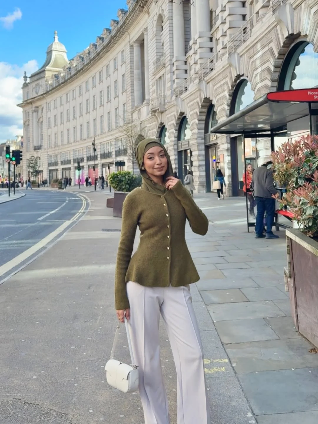28 summer outfits for women 2026 Olive Cardigan And White Trousers With Modest Elegance