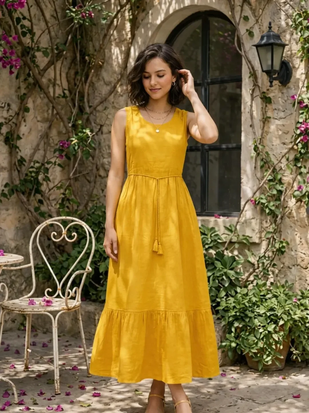 28 summer outfits for women 2026 Golden Midi Dress With Easy Garden Warmth