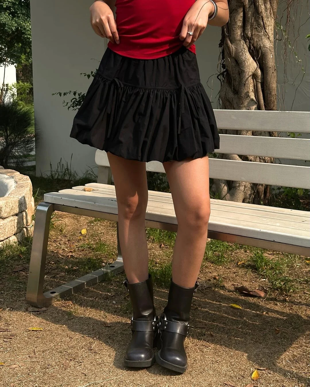 30 summer skirt outfits 2026 Red Tank Energy With A Black Bubble Mini Skirt