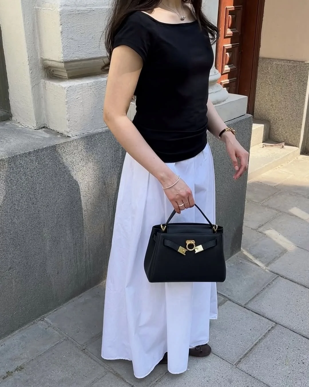 30 summer skirt outfits 2026 Black Tee With A White Full Midi Skirt