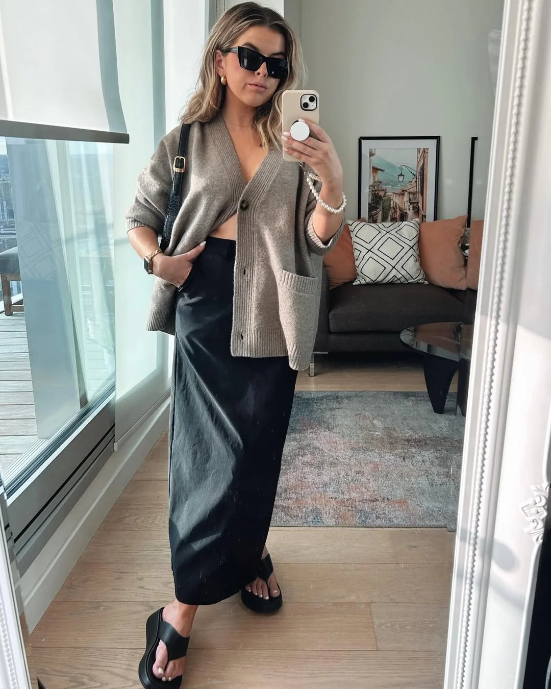 30 summer skirt outfits 2026 Oversized Cardigan With A Black Column Skirt