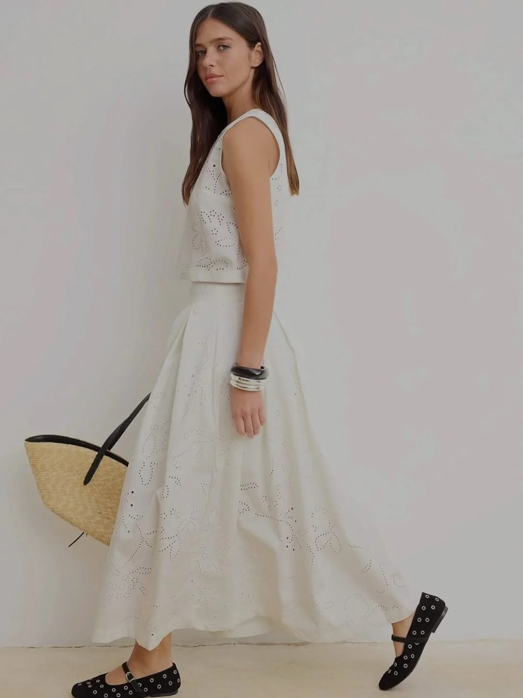 30 summer skirt outfits 2026 White Eyelet Skirt Set With Black Ballet Flats