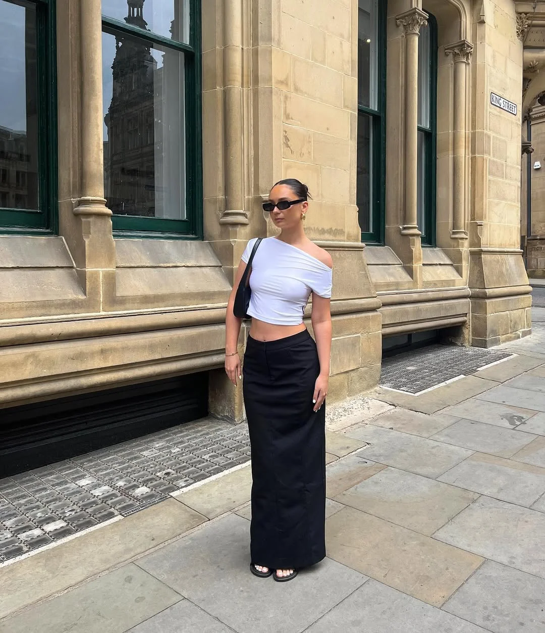 30 summer skirt outfits 2026 Off-Shoulder White Top With A Black Column Skirt