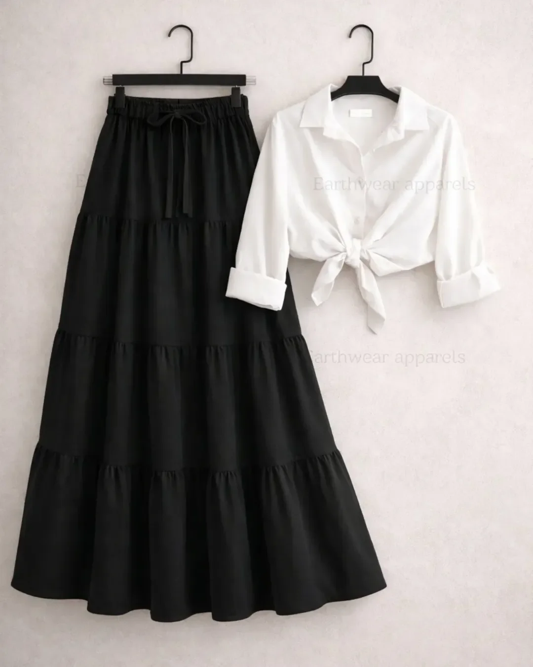 30 summer skirt outfits 2026 White Tied Shirt With A Black Tiered Maxi Skirt